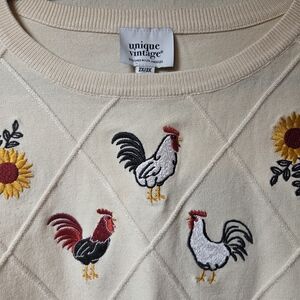 Unique Vintage Cream Sweater with Rooster and Sunflower Embroidery